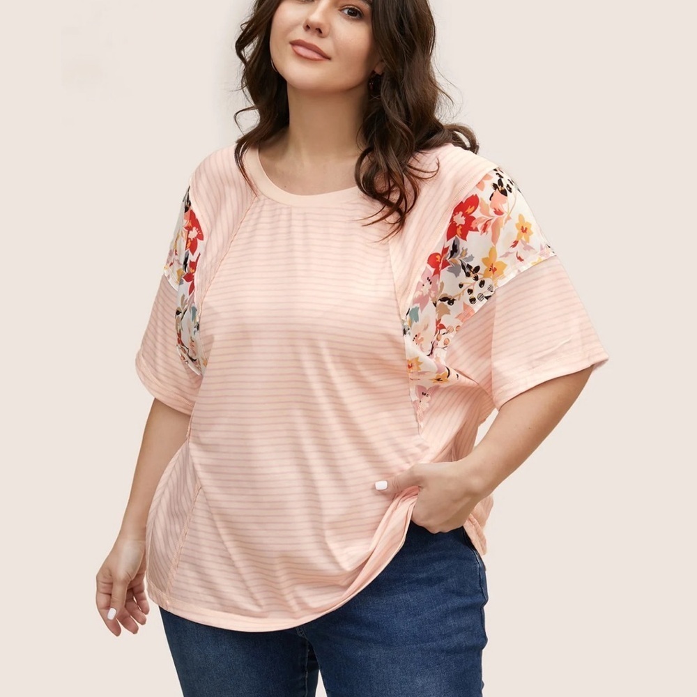 BloomChic Plus Size 3XL Crew Neck Striped Patchwork Floral Print T-shirt us22